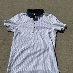 Express White Polo with Black Collar and Subtle Pattern